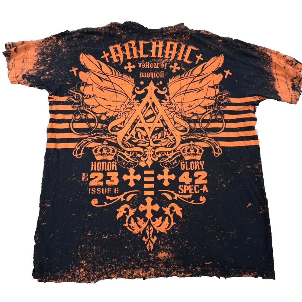 Archaic Shirt Men 3XL Black Orange Tee Angel Wings MMA Fighter Cyber Punk Tattoo